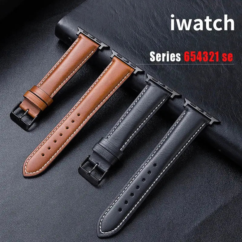 Oil waxed genuine leather Apple Watch bands in brown and black, featuring classic patterns for a fashionable gentleman look.