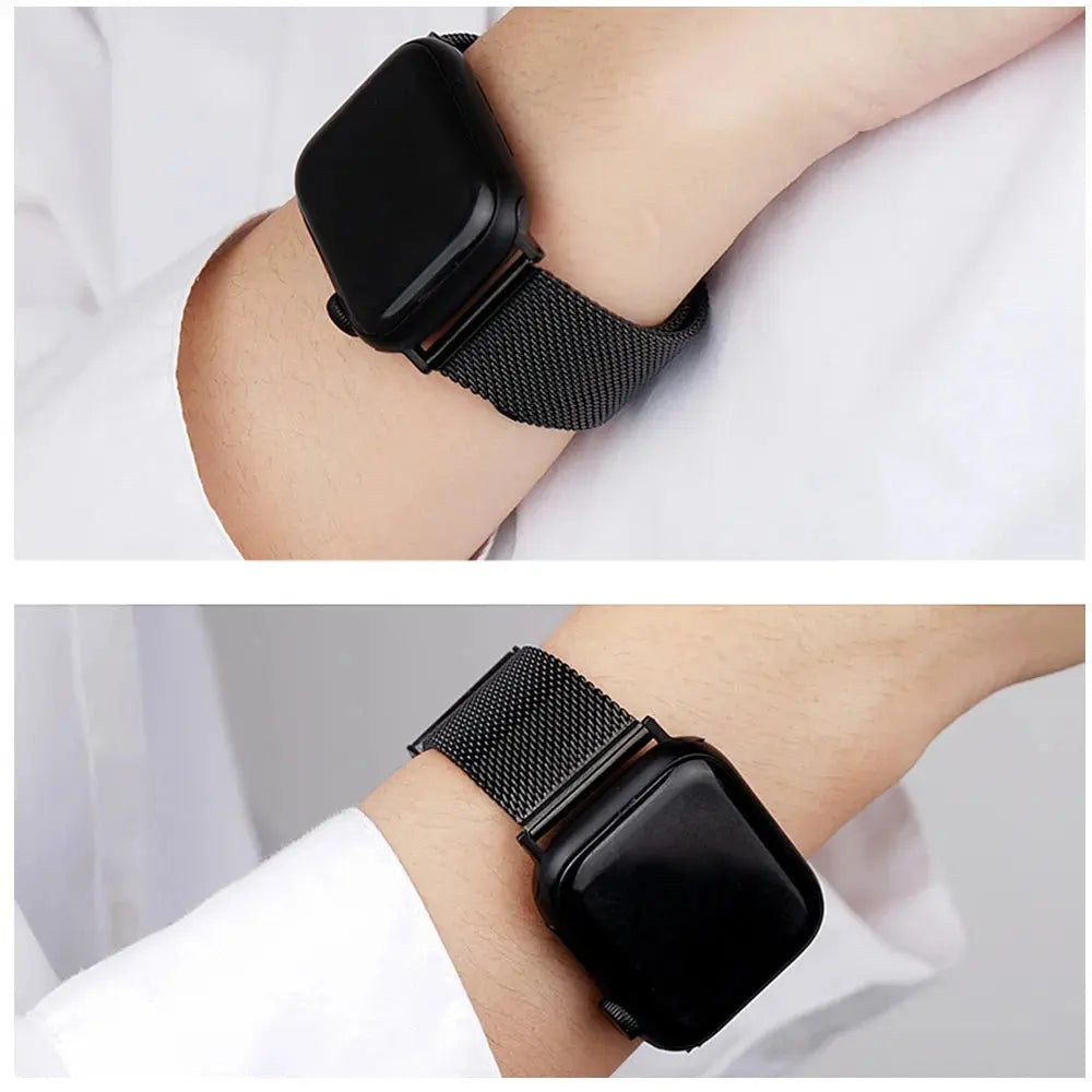 Stylish Milanese strap with secure clasp on an Apple Watch, showcasing adjustable stainless steel design.