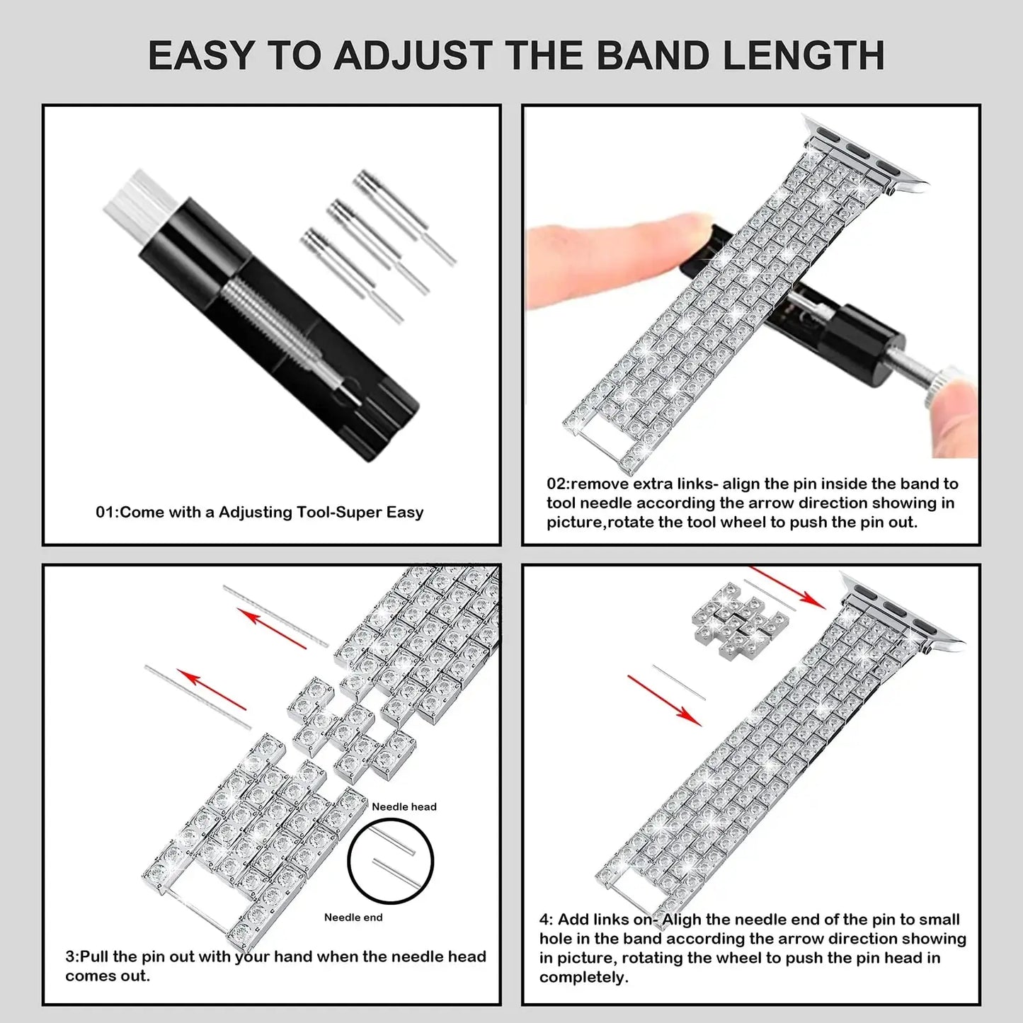 Step-by-step guide for adjusting the length of a Diamond Style Jewelry Strap using the adjusting tool.