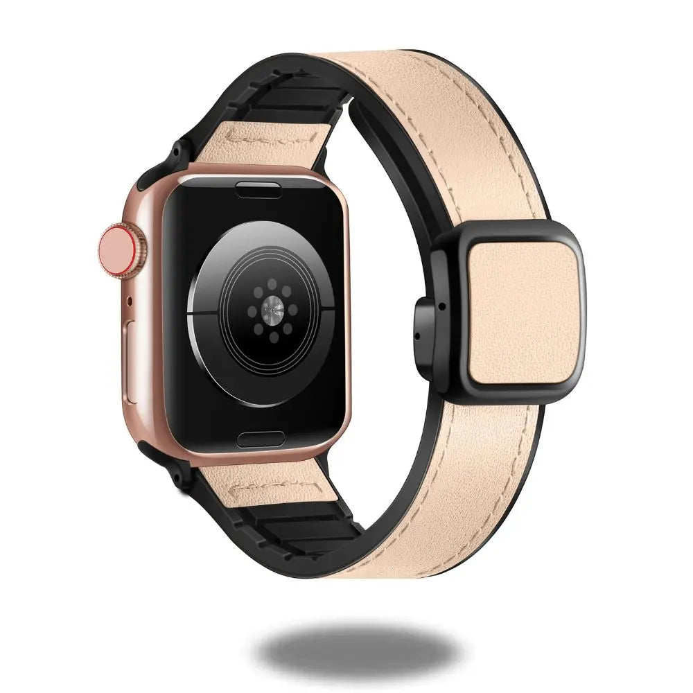 Leather and silicone magnetic clasp band for smartwatch, featuring a stylish black and beige design for comfort and durability.