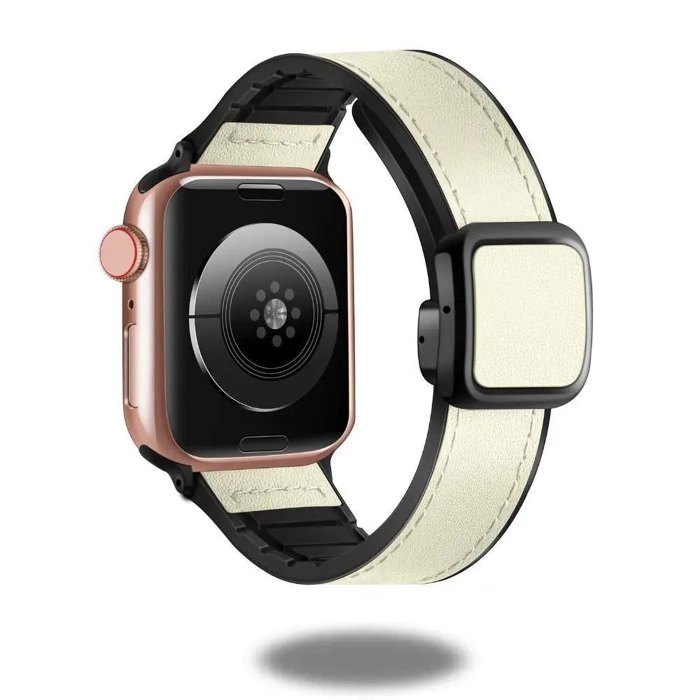 Leather and silicon magnetic clasp band for smartwatch, combining style, comfort, and durability in modern design.