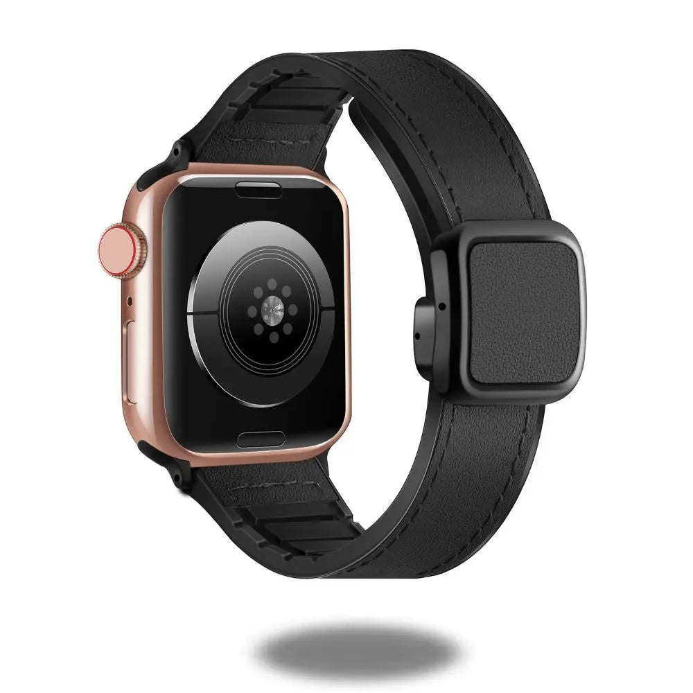 Leather and silicon magnetic clasp band for smartwatches, featuring a sleek design and durable materials.