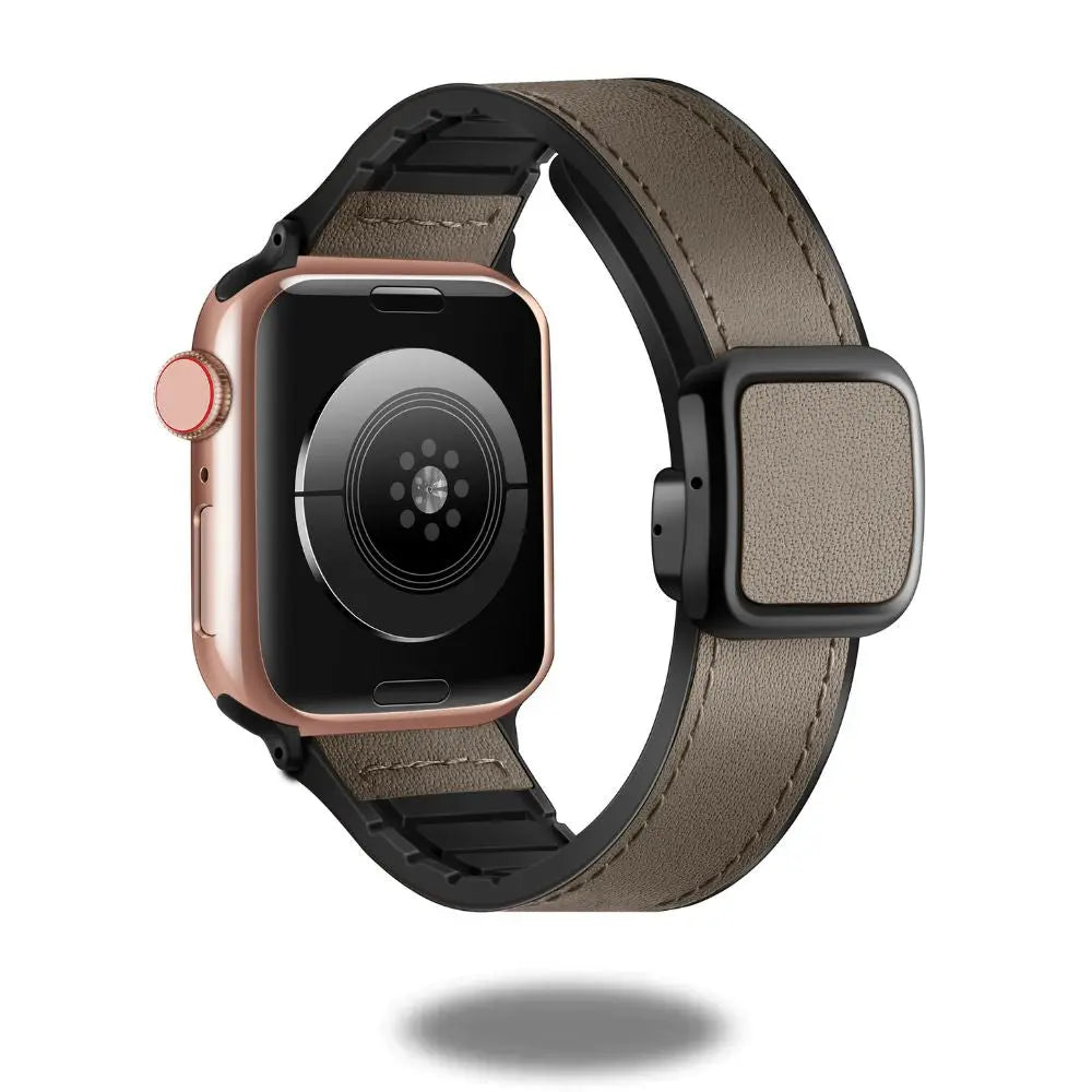Leather and silicone magnetic clasp band for smartwatches, featuring a modern design with stainless steel buckle.