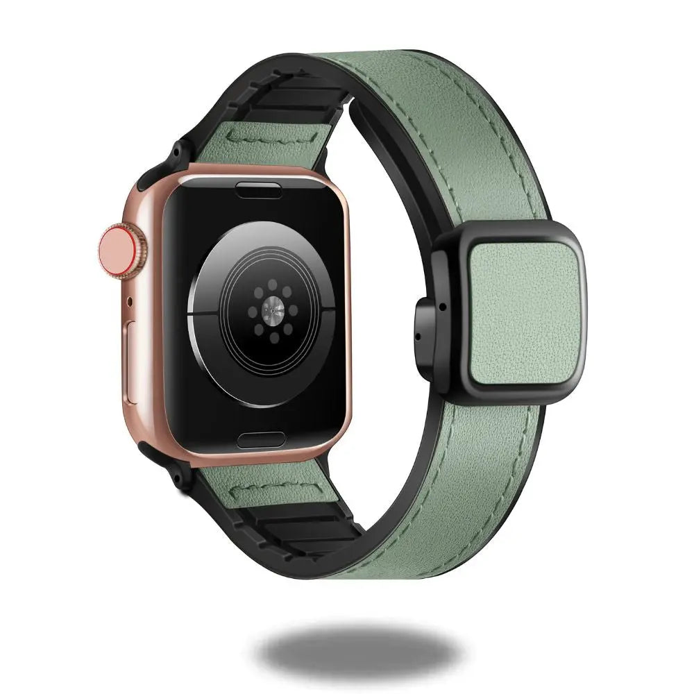 Leather and silicon magnetic clasp band for smartwatch, featuring a stylish green leather exterior and secure stainless steel buckle.