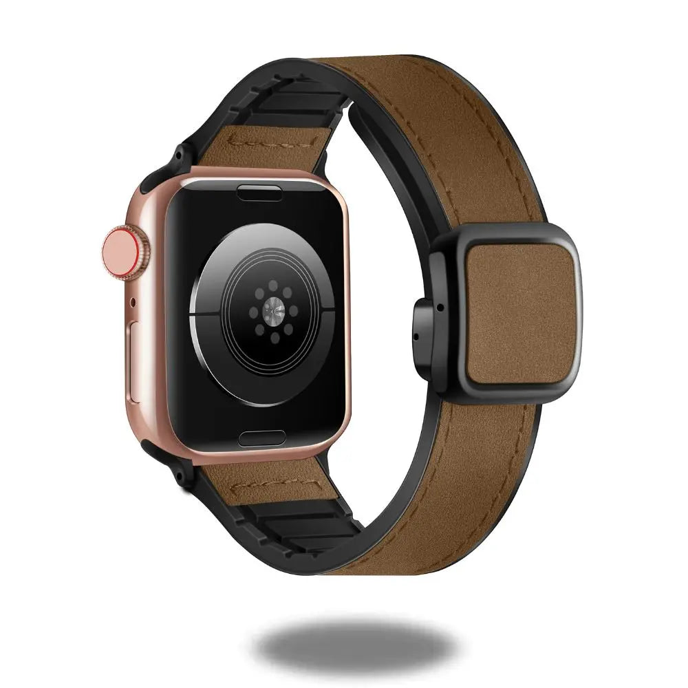 Leather and silicon magnetic clasp band for smartwatch, showcasing modern design and comfort with stainless steel buckle.