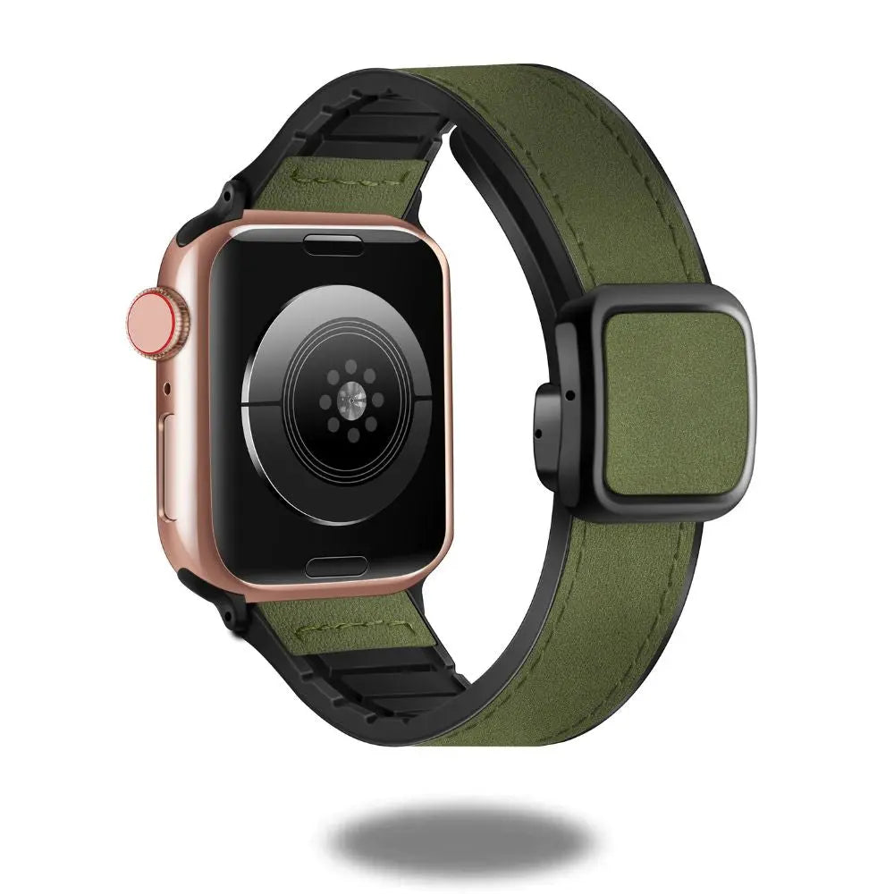 Leather and silicon magnetic clasp band in green for stylish smartwatch, offering comfort and durability.