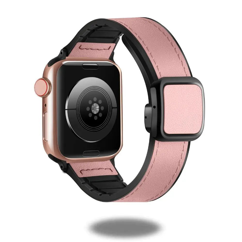 Leather and silicon magnetic clasp band in rose pink, showcasing a stylish watch design with a secure stainless steel buckle.