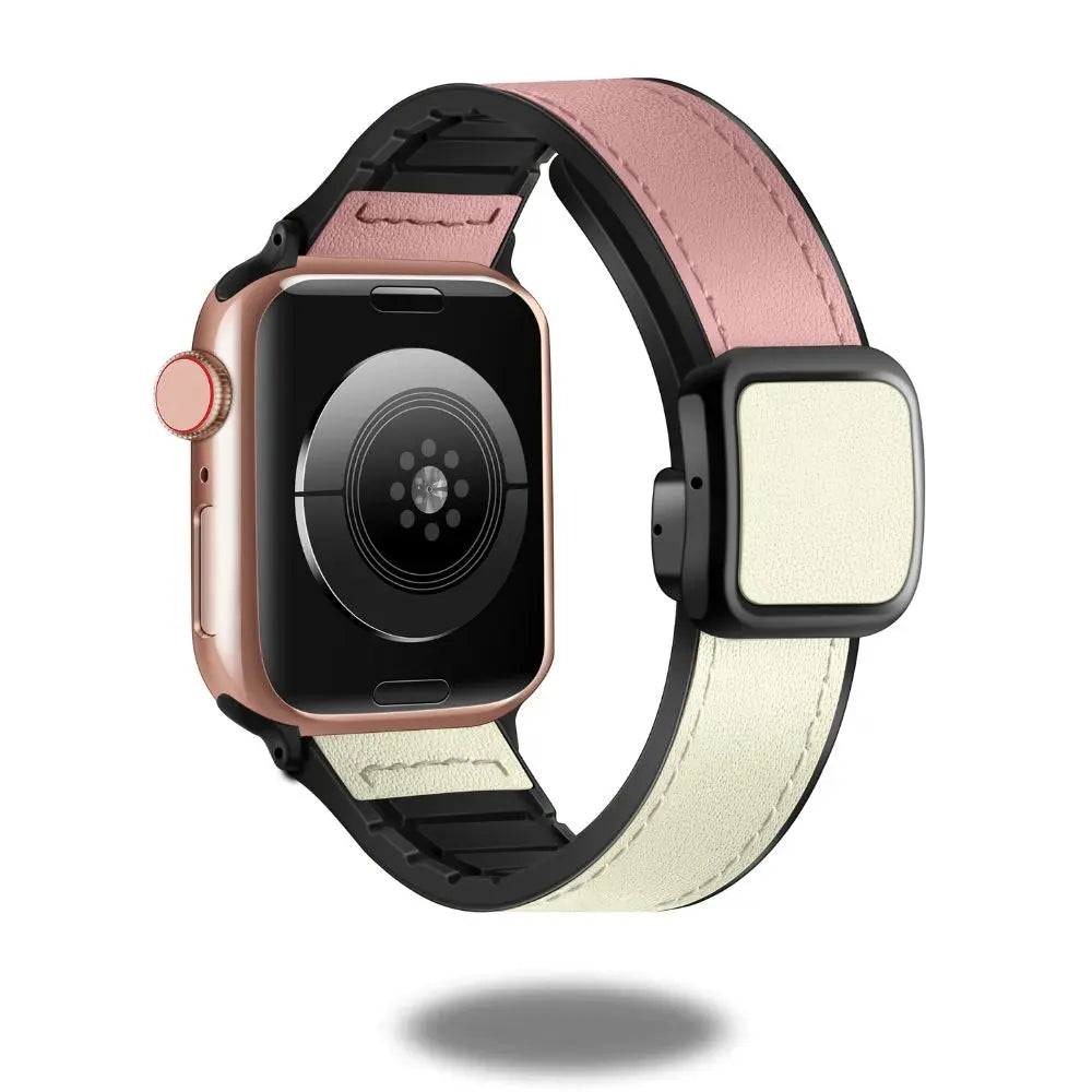 Stylish leather and silicon magnetic clasp band for smartwatches, featuring a modern design and durable materials.