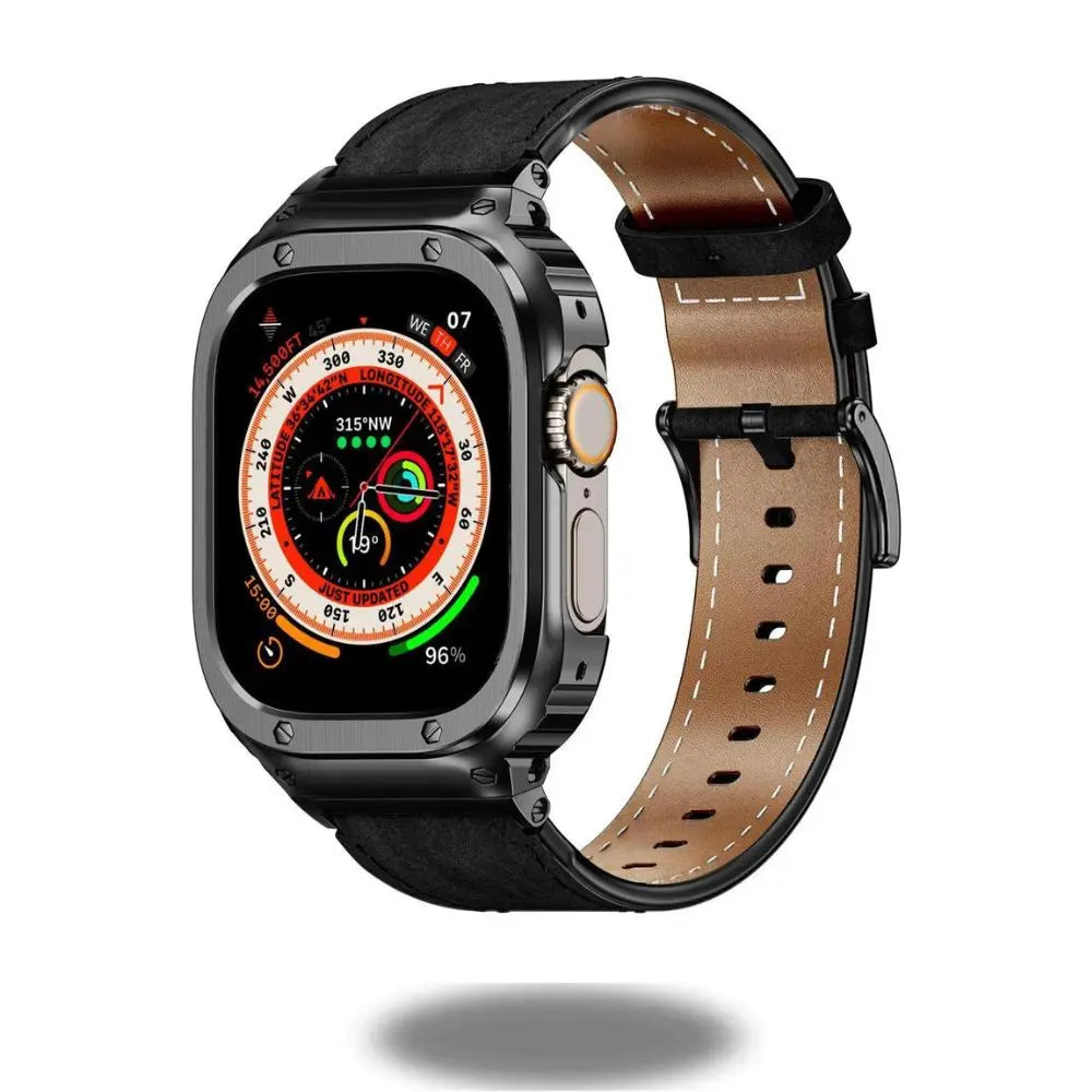 Luxury leather strap Apple Watch with metal case, featuring robust design and precise access to buttons.