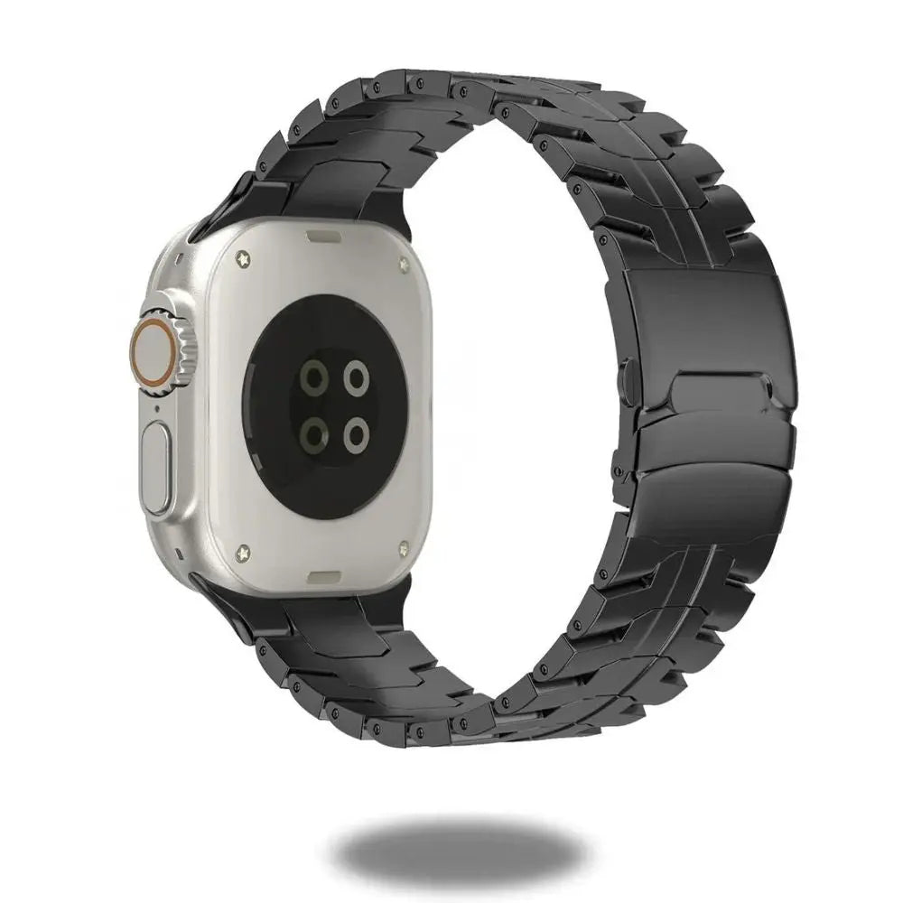 Macho Lux Metal Bracelet showcasing a sleek design for Apple Watch, made of durable stainless steel with a polished finish.