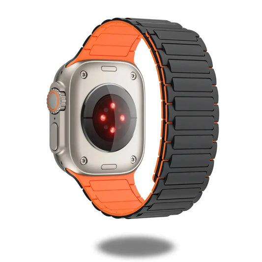 Magnetic Silicon Link Loop for Apple Watch with orange and black design, featuring high-strength magnets for secure fit.