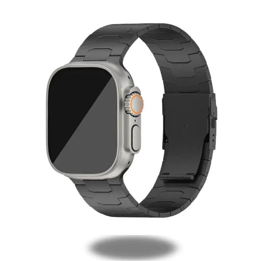 Masculine titanium alloy band for Apple Watch Ultra, featuring satin-brushed stainless steel and secure hidden folding buckle.
