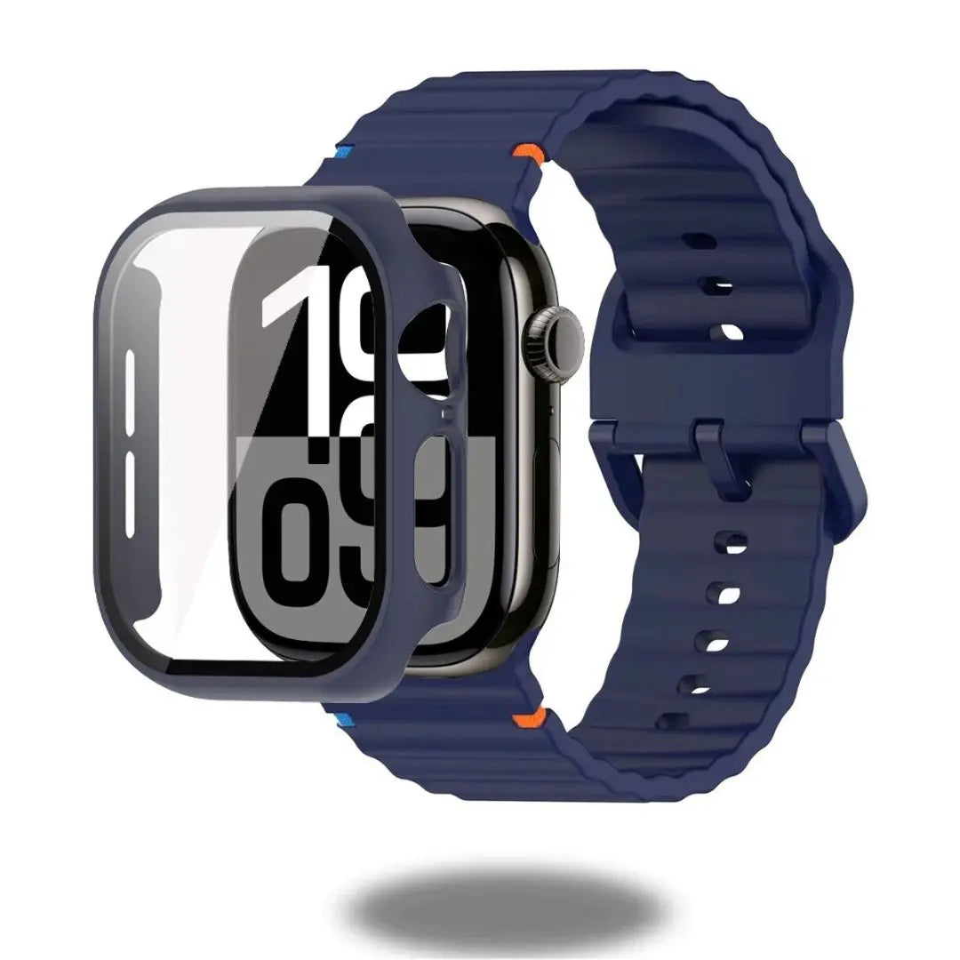 Blue silicone sports strap and protective case for Apple Watch, showcasing comfort and style.