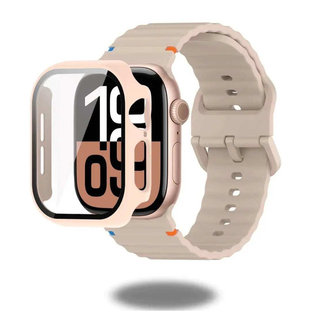 Stylish silicone sports strap and protective case with glass for Apple Watch, enhancing durability and comfort during activities.