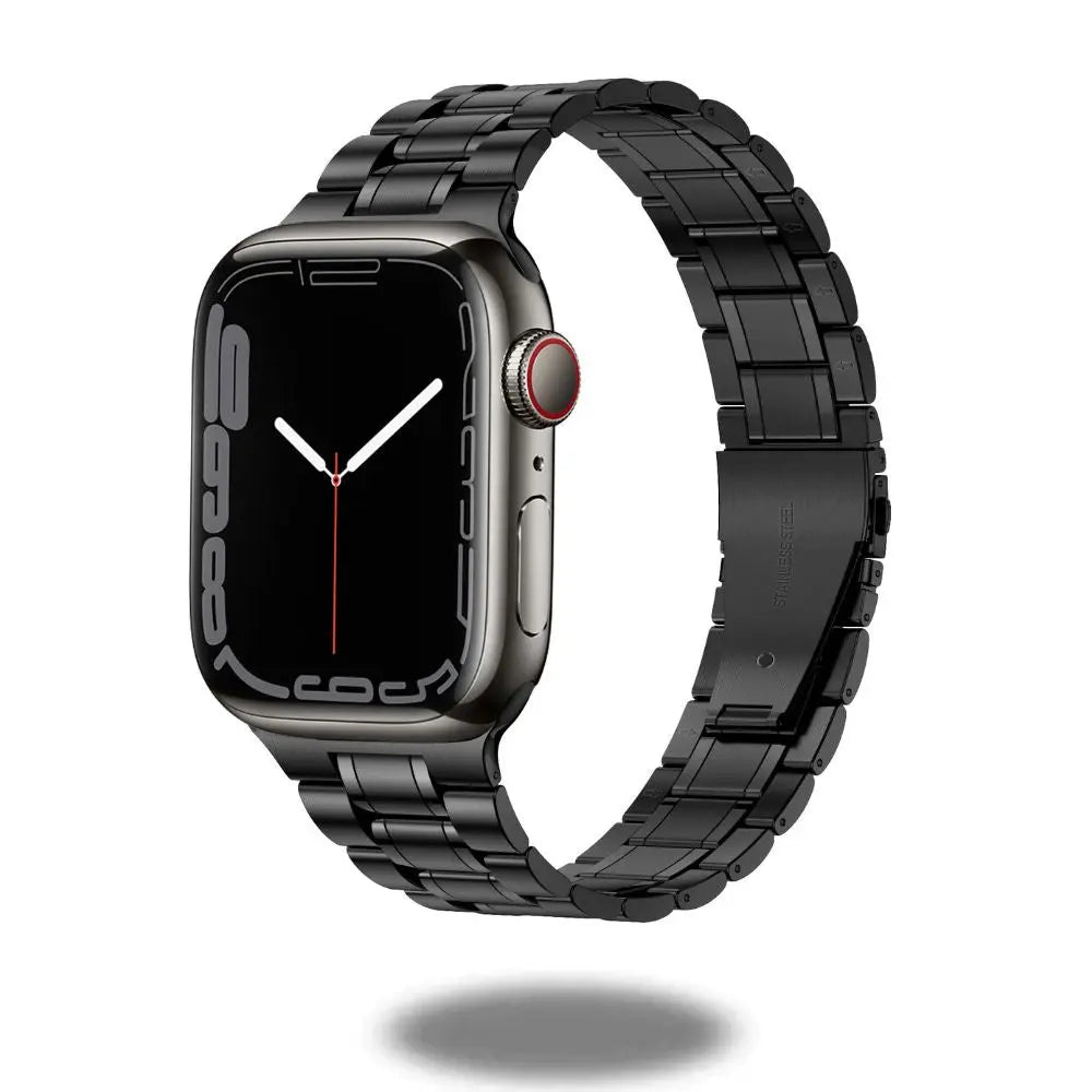 Modern stainless steel link bracelet for Apple Watch, showcasing durability and style, compatible with all models.