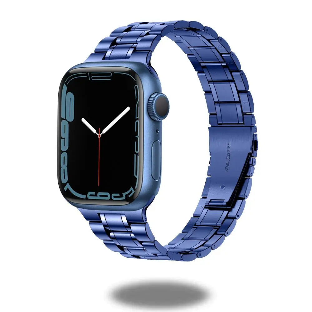 Modern stainless steel link bracelet for Apple Watch in blue, blending style and functionality.