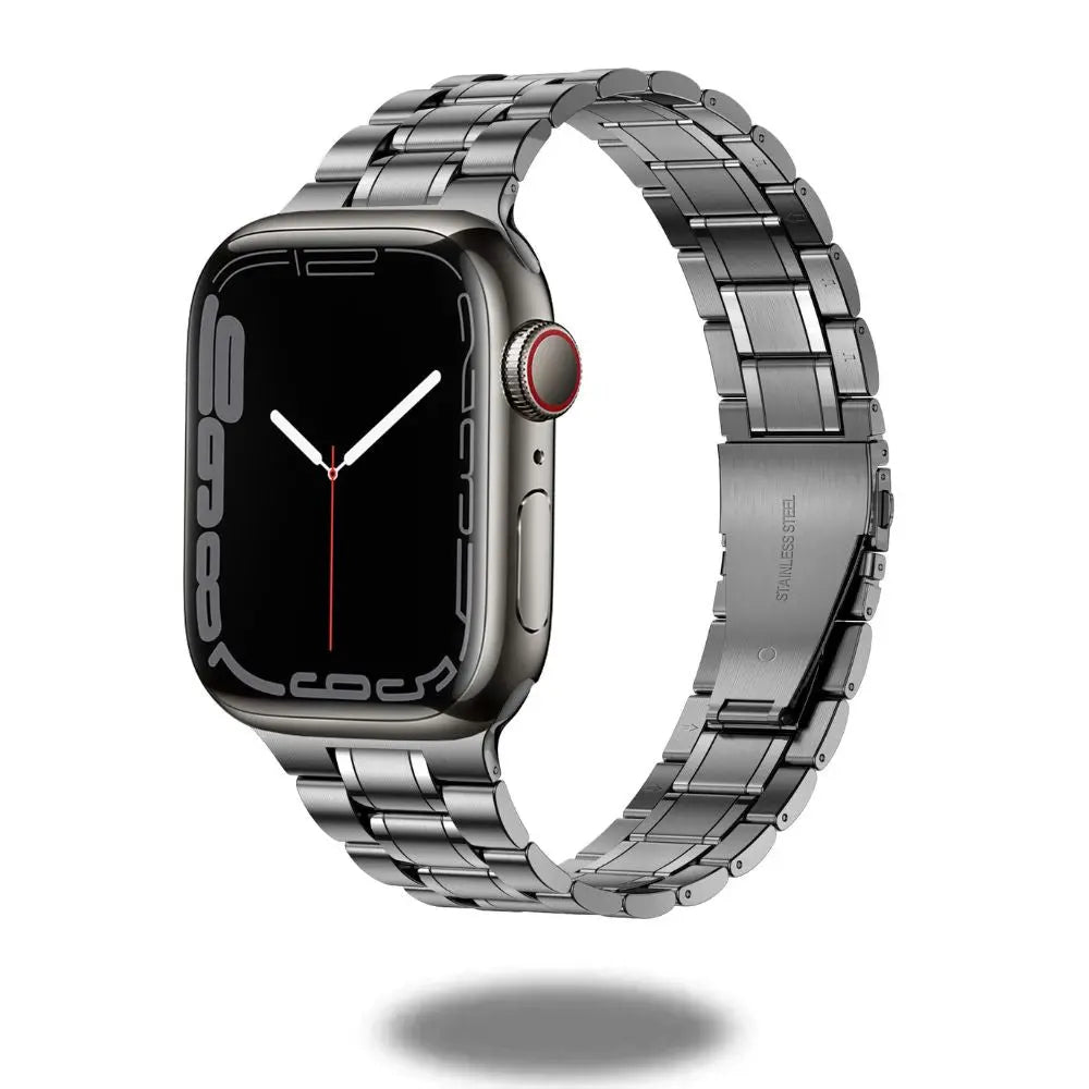 Modern stainless steel link bracelet for Apple Watch, showcasing stylish design and durable 316L quality.