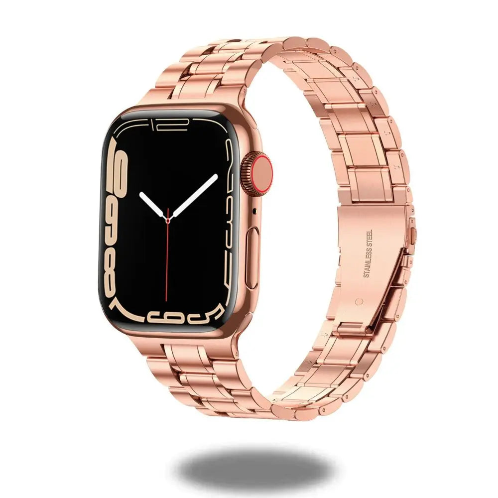 Modern stainless steel link bracelet for Apple Watch in rose gold finish, showcasing style and functionality.