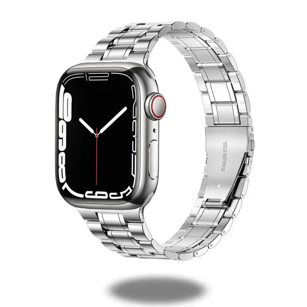 Modern stainless steel link bracelet for Apple Watch, showcasing elegant design and high-quality craftsmanship.