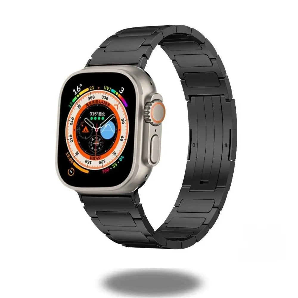 Sleek modern titanium bracelet for Apple Watch with a polished finish, featuring a secure hidden buckle for a snug fit.