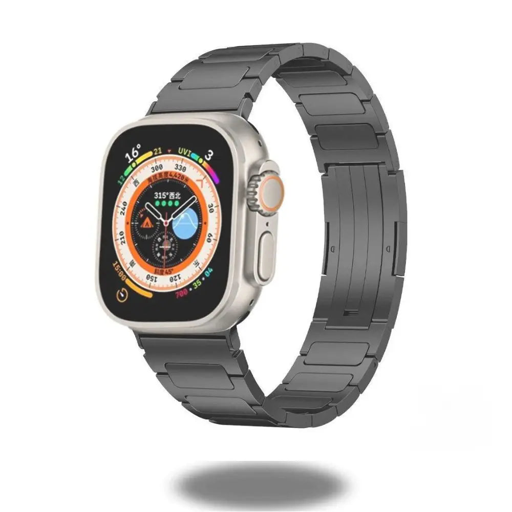 Modern titanium bracelet for Apple Watch, showcasing sleek design and secure hidden buckle for a snug fit.