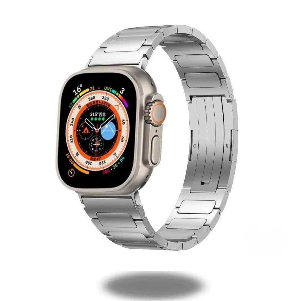Modern titanium bracelet for Apple Watch Ultra, featuring satin-brushed stainless steel and secure hidden folding buckle.