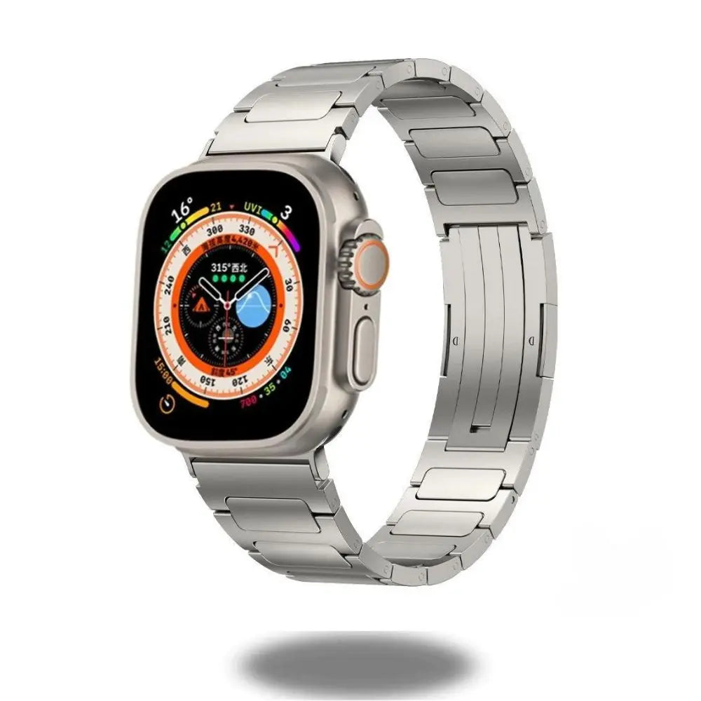 Modern titanium bracelet for Apple Watch Ultra with satin-brushed stainless steel and hidden folding buckle.