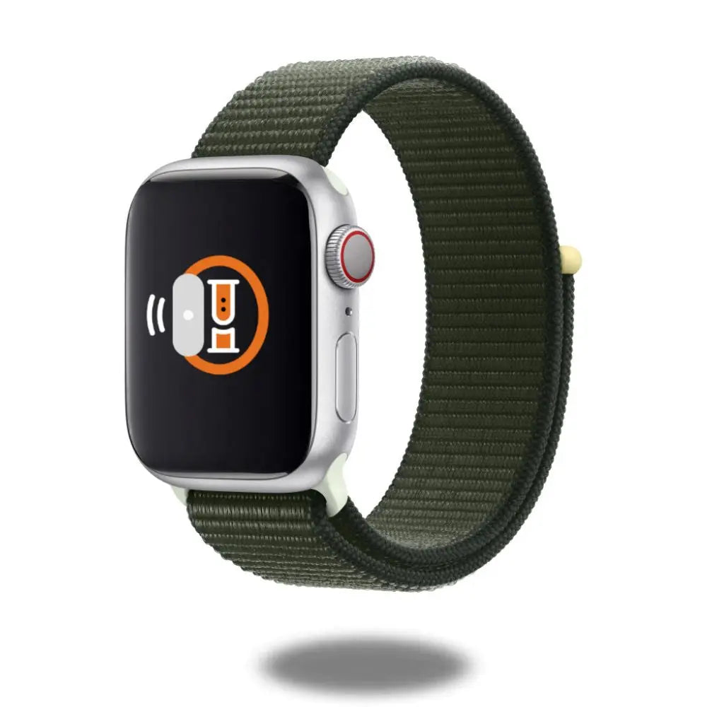 Nylon sporty band for Apple Watch, olive green, featuring breathable material and adjustable Velcro for comfort.