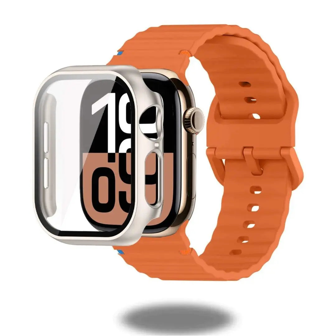Silicon sports strap and protective case for Apple Watch, featuring a stylish orange band and glass shield.