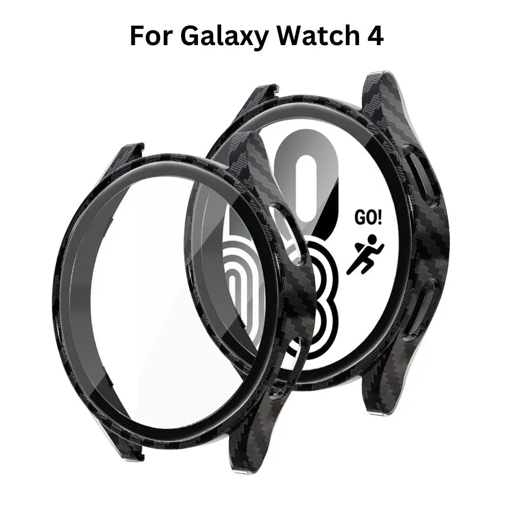 Samsung Galaxy Watch case with screen protector, designed for Galaxy Watch 4, showcasing durability and style.