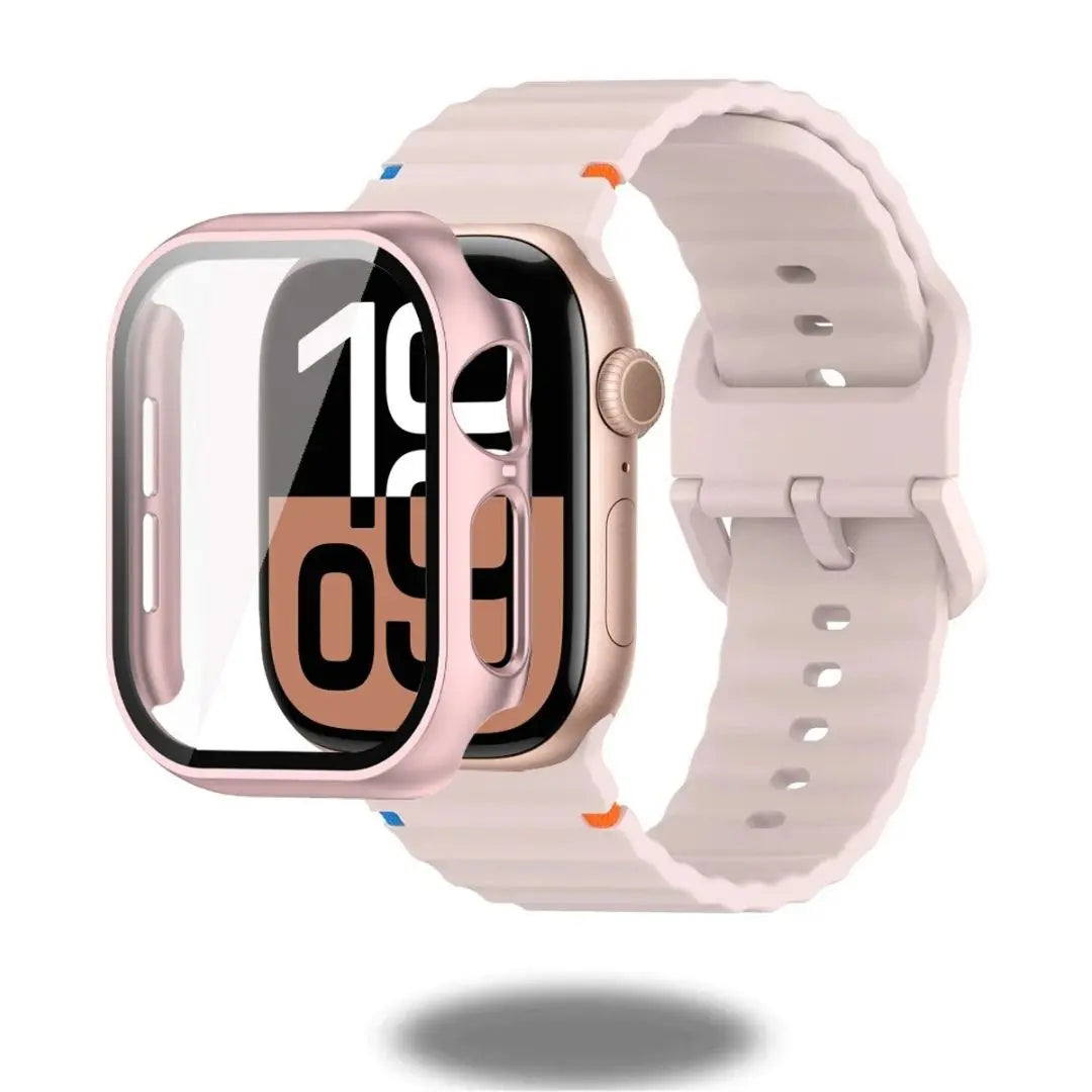 Silicon sports strap and protective case for Apple Watch, showcasing a stylish design and durable silicone material.
