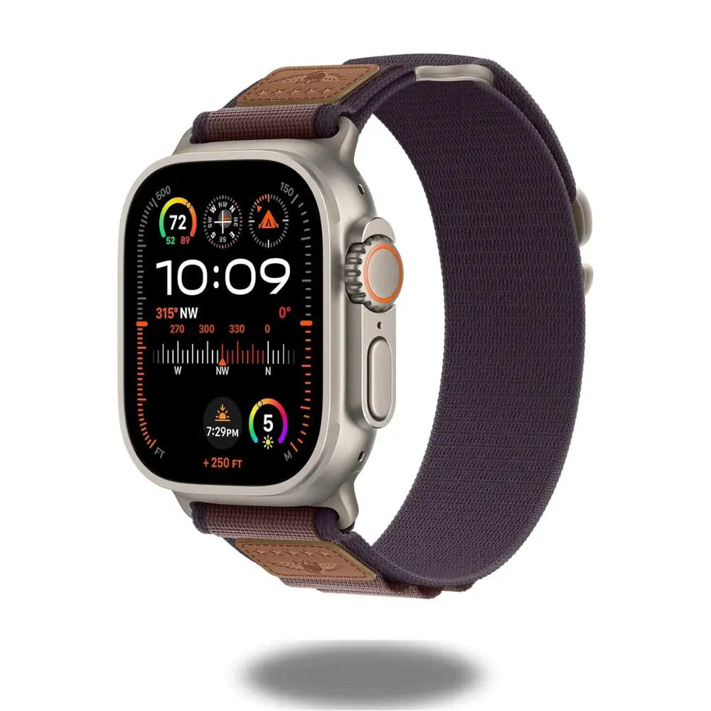 Royal Alpine Loop Nylon Band for Apple Watch with titanium G-hook and leather trim, providing comfort and style.