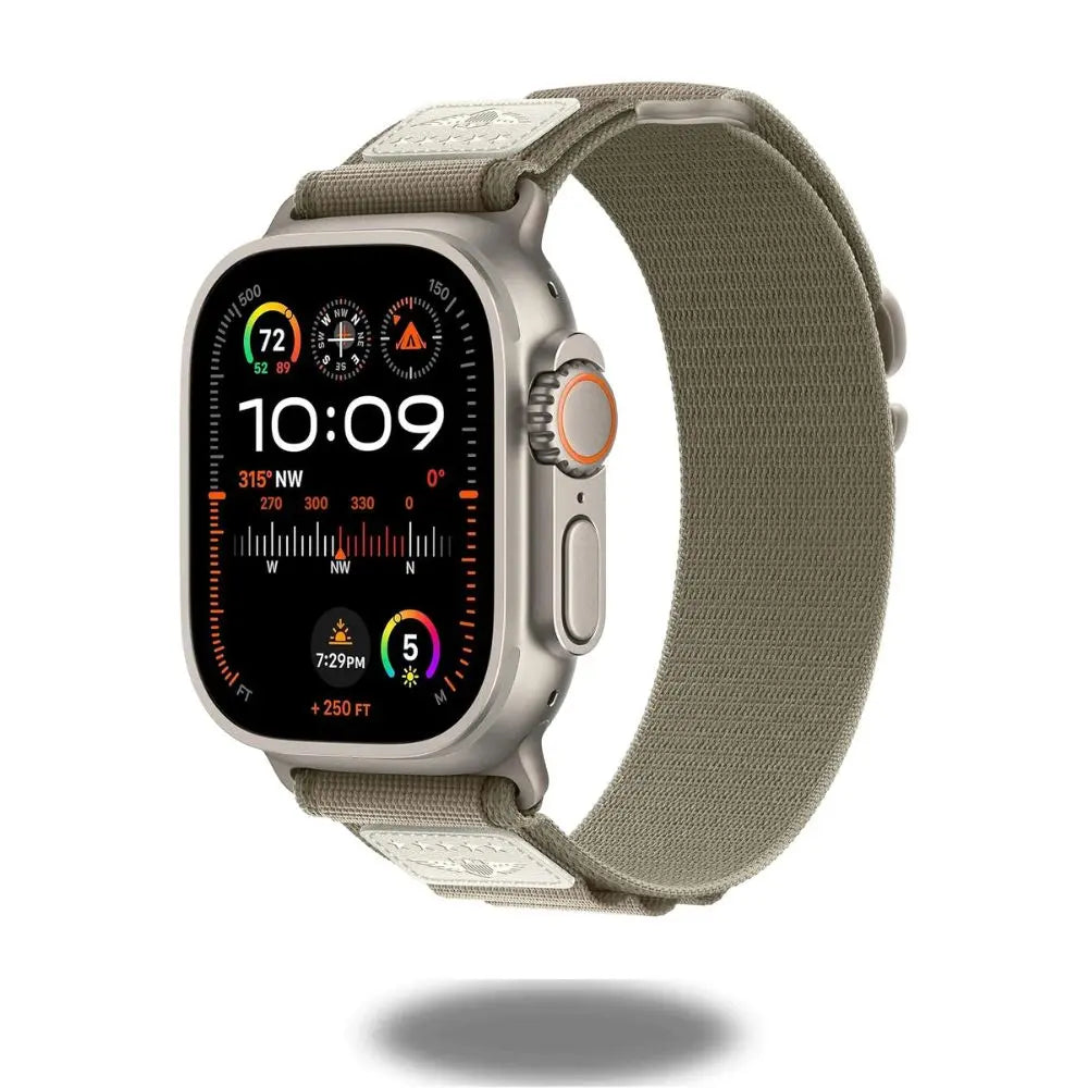 Royal Alpine Loop for Apple Watch featuring a nylon band with leather trim and titanium G-hook, offering comfort and style.