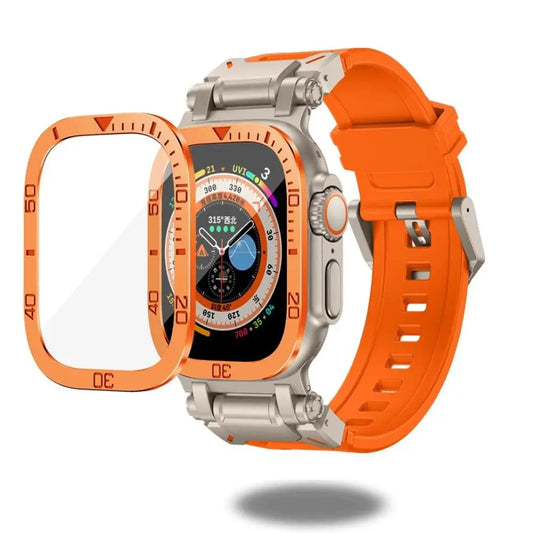 Rugged orange silicone band with metal case for Apple Watch Ultra 49mm, featuring a glass screen protector.