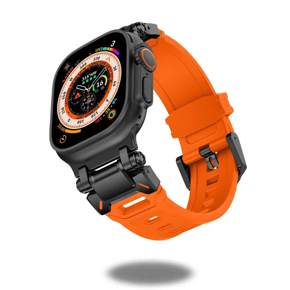 Rugged silicon band with metal connectors on Apple Watch Ultra, featuring bold orange color and durable design.