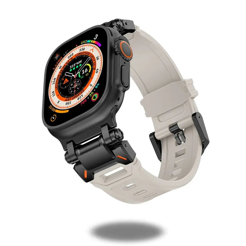 Rugged silicon band with metal connectors for Apple Watch Ultra, featuring a durable design and stylish color-coordination.