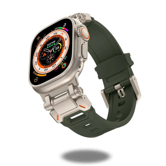 Rugged silicon band with metal connectors for Apple Watch Ultra, featuring durable TPU and nylon design in green color.