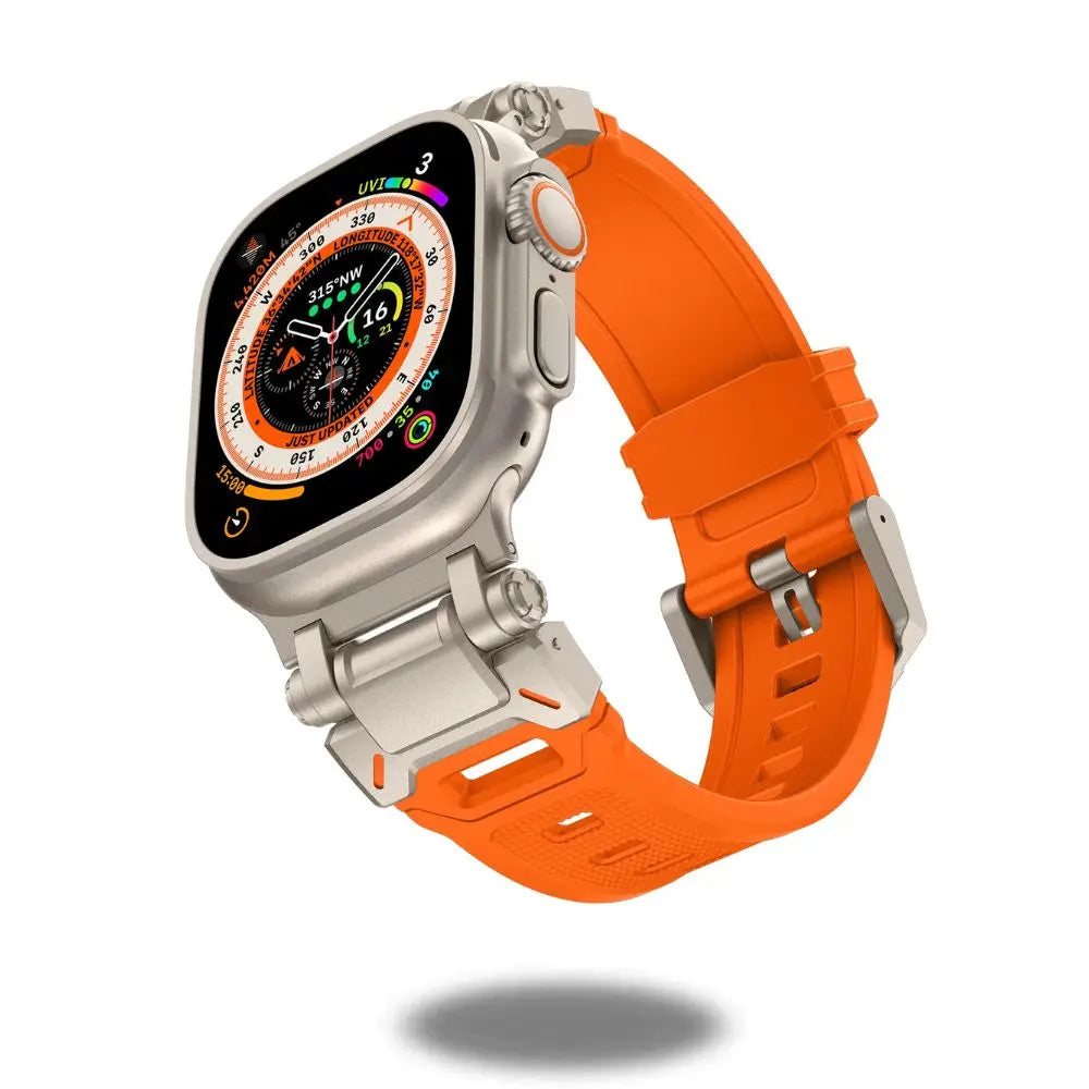 Rugged silicon band with metal connectors for Apple Watch, featuring vibrant orange color and durable design.