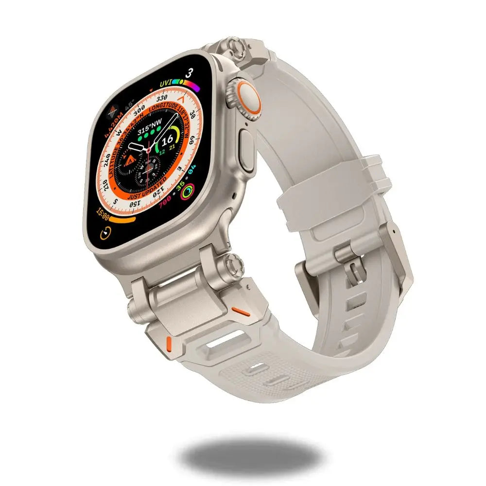 Rugged silicone band for Apple Watch Ultra with metal connectors, showcasing durability and style.