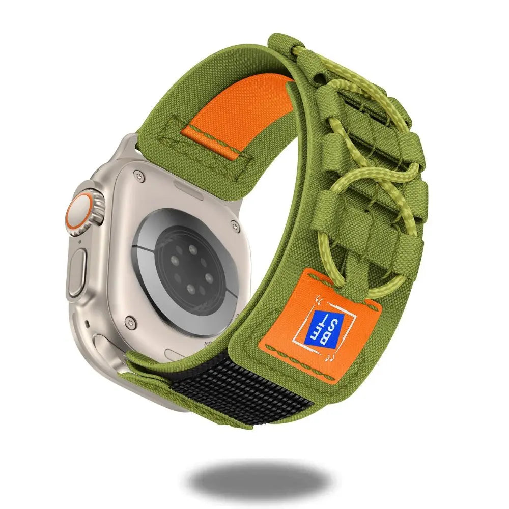 Rugged Tactical Nylon Woven Band for Apple Watch in green and orange, showcasing durable craftsmanship and stylish design.