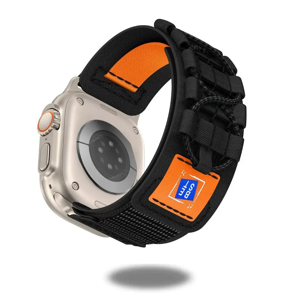 Rugged Tactical Nylon Woven Band for Apple Watch in black and orange, featuring durable construction for an active lifestyle.