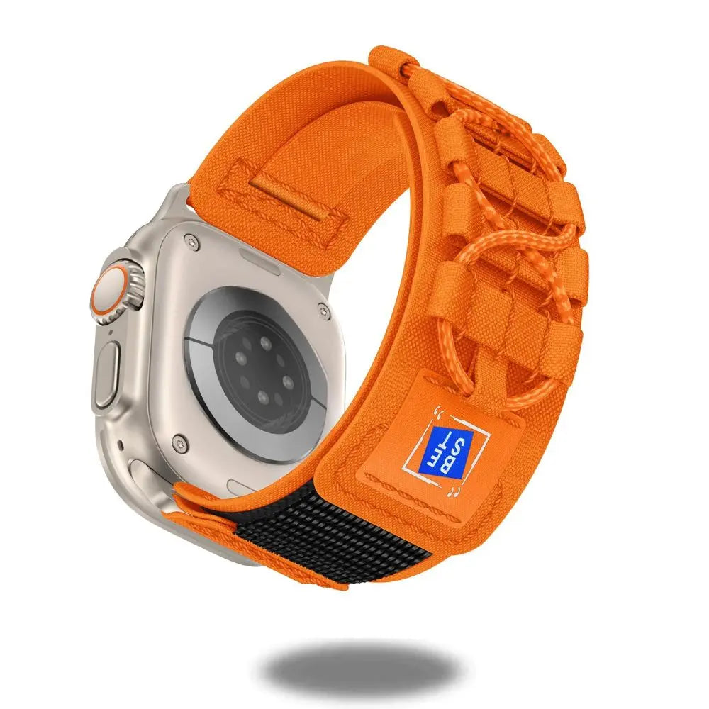 Rugged tactical orange nylon woven band for Apple Watch showcasing durability and style for active lifestyles.