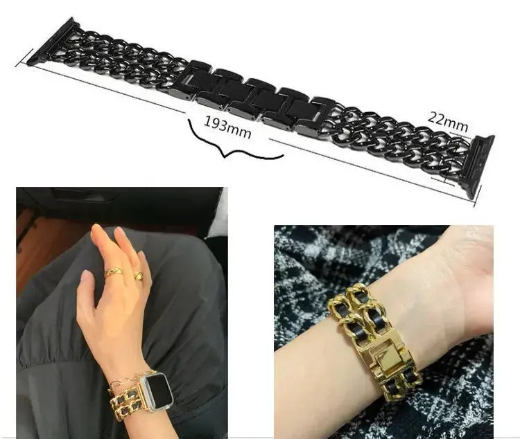 Luxury stainless steel bracelet for Apple Watch, featuring a chunky design and leather strap, highlighted with gold accents.