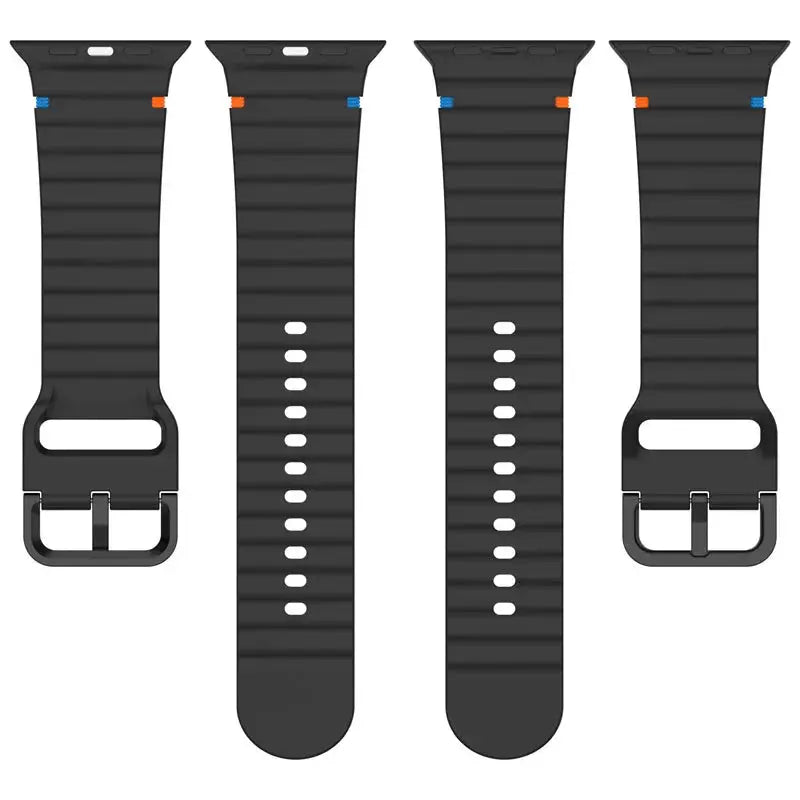 Durable black silicone sports straps for Apple Watch, featuring comfortable fit and secure metal buckles.