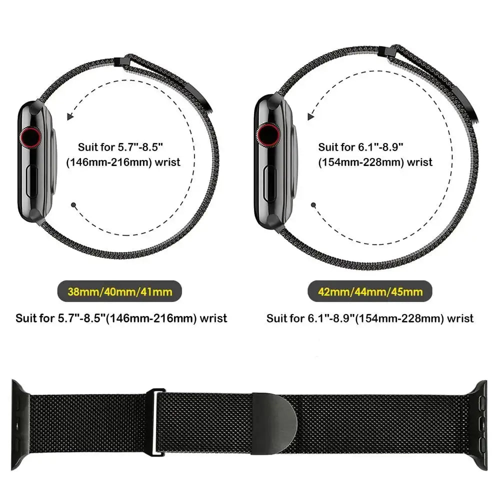 Size compatibility chart for Upgraded Milan Loop Apple Watch band: suits 5.7"-8.5" and 6.1"-8.9" wrist sizes.
