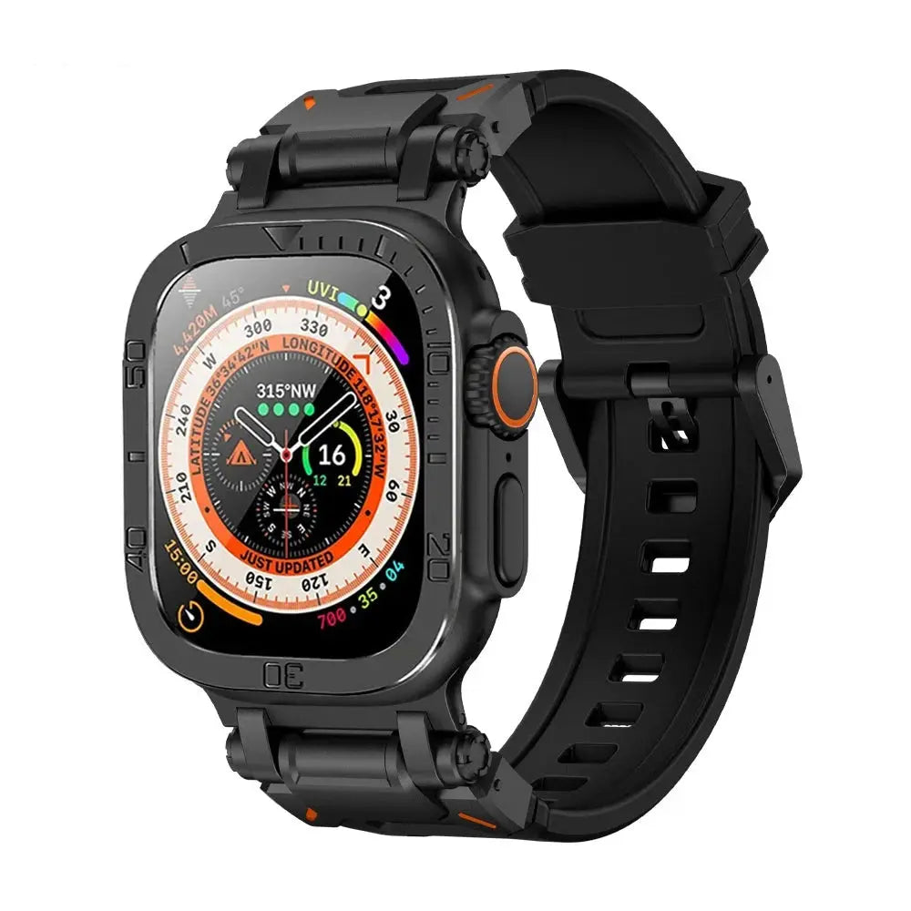 Apple Watch Ultra with rugged silicon band, metal case, and glass protector for sporty style and durability.