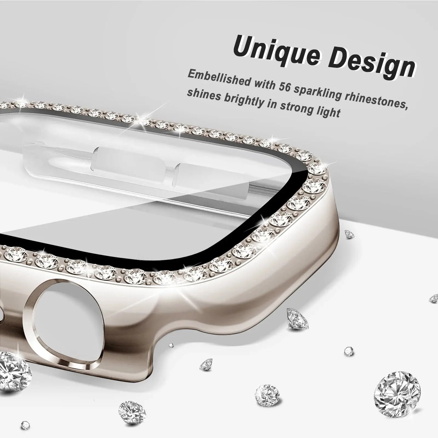 Rhinestone case for Series 10 watch with 56 sparkling rhinestones and protective glass, showcasing a unique design.