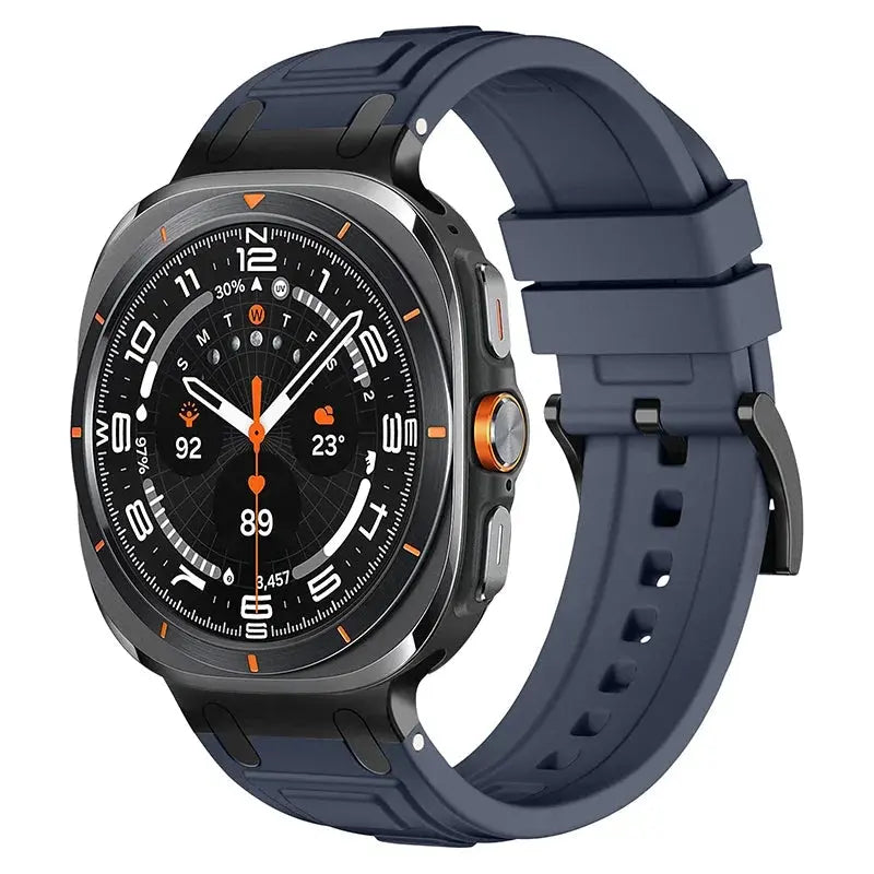Rocky silicon sports band in navy on Galaxy Watch Ultra, designed for adventure and workouts.