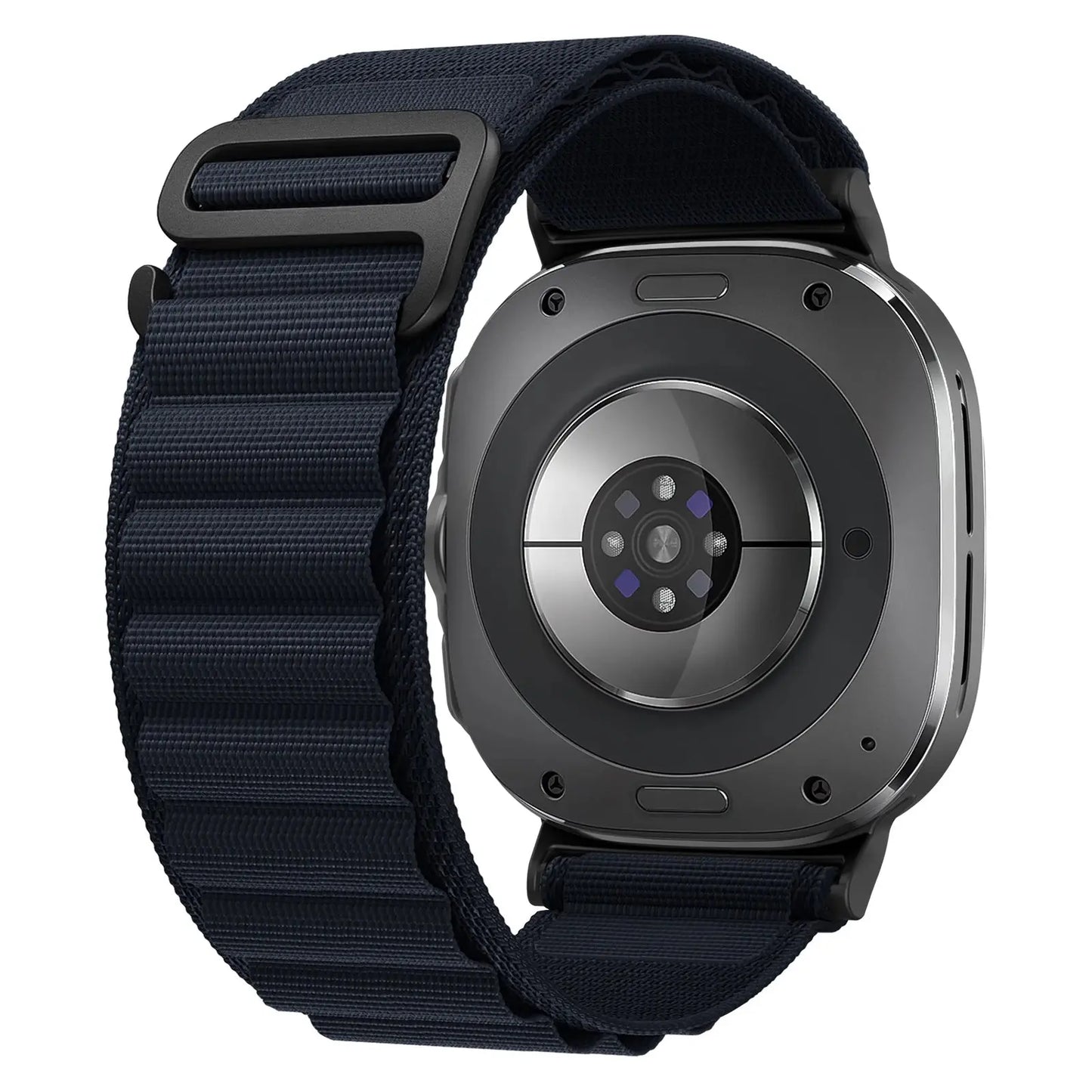 Samsung Galaxy Watch Ultra with rugged Alpine nylon loop band, featuring titanium G-hook and hook-and-loop fastener.