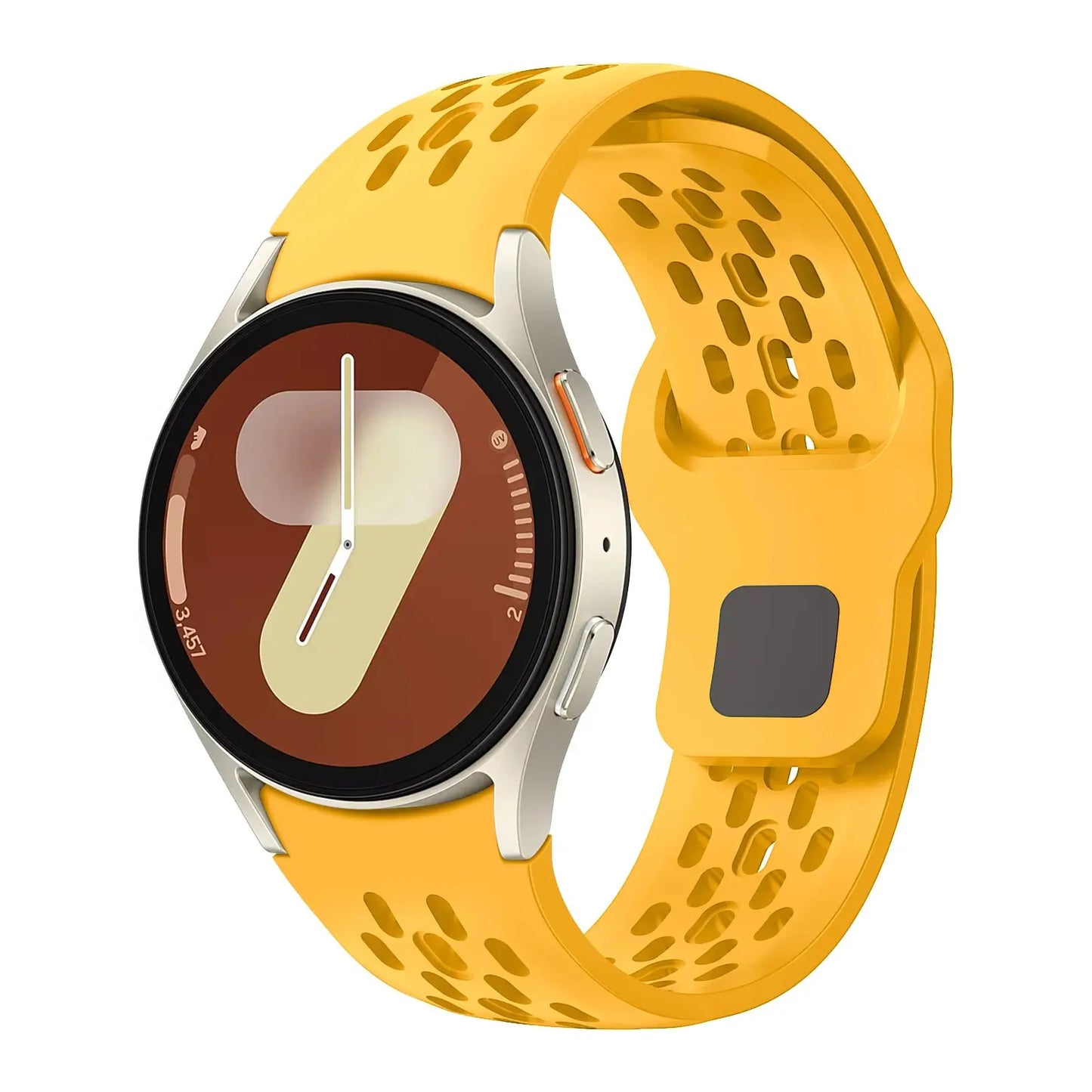 Yellow breathable silicone band for Samsung Galaxy Watch, designed for comfort and ventilation during activities.